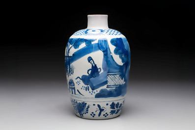 A blue and white Dutch Delft chinoiserie vase, 18th C.