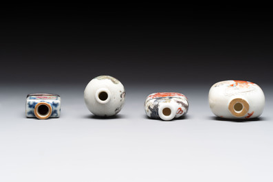 Four Chinese famille rose and verte snuff bottles, dragon and Qianlong marks, 19th C.
