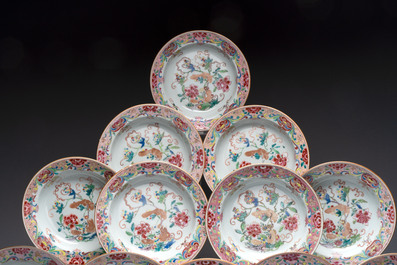 A set of 12 Chinese famille rose plates with squirrels among grapes and peonies, Qianlong