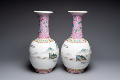 A pair of Chinese famille rose 'riverscape' vases, Qianlong mark, 20th C.