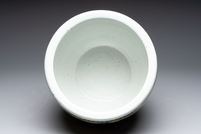 A Chinese yellow-ground famille rose 'pheasant and peony' scroll bowl, 19th C.