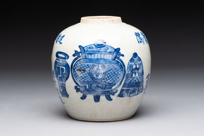 A Chinese blue and white vase, a jar, a famille rose cup and a plaque signed He Xuren 何許人, 19th C.
