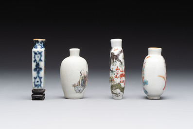 Four Chinese famille rose and verte snuff bottles, dragon and Qianlong marks, 19th C.