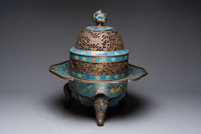 A large Chinese cloisonn&eacute; tripod censer and cover, 19th C.