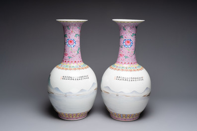 A pair of Chinese famille rose 'riverscape' vases, Qianlong mark, 20th C.
