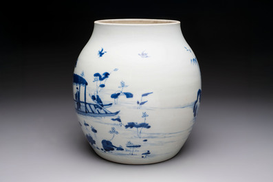 A Chinese blue and white 'lotus pond' jar for the Vietnamese market, Yongzheng mark, 18/19th C.