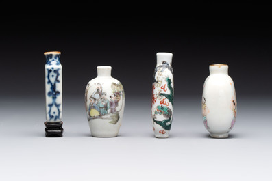 Four Chinese famille rose and verte snuff bottles, dragon and Qianlong marks, 19th C.