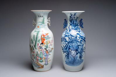 Two Chinese blue and white celadon-ground vases and a famille rose vase, signed Mao Zirong 毛子榮, 19/20th C.