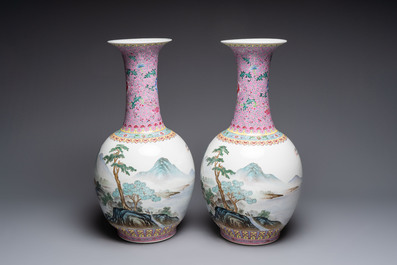 A pair of Chinese famille rose 'riverscape' vases, Qianlong mark, 20th C.