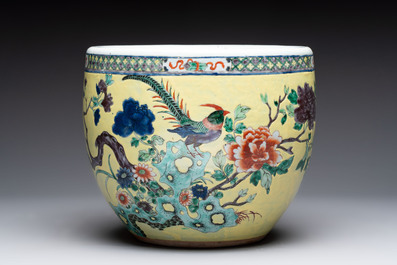 A Chinese yellow-ground famille rose 'pheasant and peony' scroll bowl, 19th C.