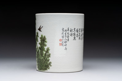 A Chinese qianjiang cai plaque and a brush pot, signed Deng Bizhao 鄧必昭 and Xu Zhongnan 徐仲南, dated 1941