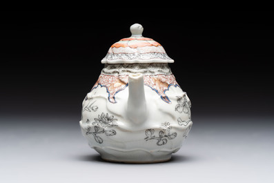A Chinese rose-grisaille molded teapot with floral design, Yongzheng/Qianlong