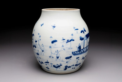 A Chinese blue and white 'lotus pond' jar for the Vietnamese market, Yongzheng mark, 18/19th C.
