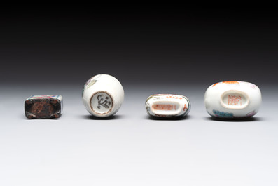 Four Chinese famille rose and verte snuff bottles, dragon and Qianlong marks, 19th C.