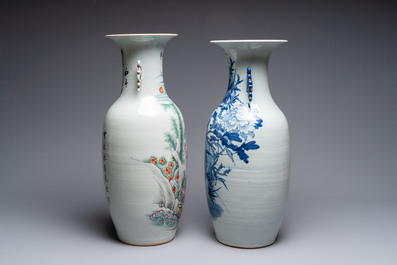 Two Chinese blue and white celadon-ground vases and a famille rose vase, signed Mao Zirong 毛子榮, 19/20th C.
