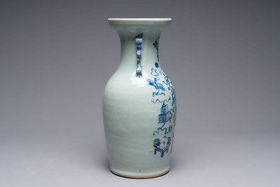 Two Chinese blue and white celadon-ground vases and a famille rose vase, signed Mao Zirong 毛子榮, 19/20th C.