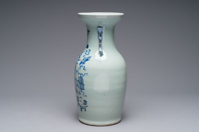Two Chinese blue and white celadon-ground vases and a famille rose vase, signed Mao Zirong 毛子榮, 19/20th C.