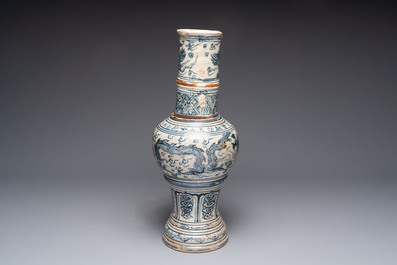 A large Annamese or Vietnamese blue and white inscribed two-piece altar vase, 16th C.
