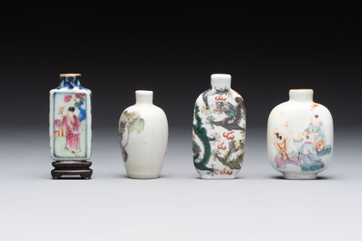 Four Chinese famille rose and verte snuff bottles, dragon and Qianlong marks, 19th C.