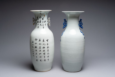 Two Chinese blue and white celadon-ground vases and a famille rose vase, signed Mao Zirong 毛子榮, 19/20th C.
