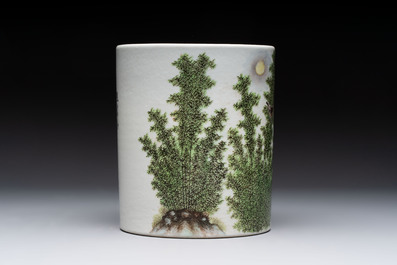 A Chinese qianjiang cai plaque and a brush pot, signed Deng Bizhao 鄧必昭 and Xu Zhongnan 徐仲南, dated 1941