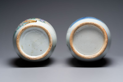 Two Chinese blue and white celadon-ground vases and a famille rose vase, signed Mao Zirong 毛子榮, 19/20th C.