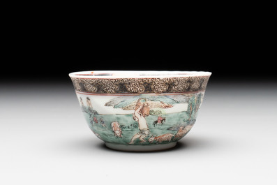 A fine Chinese famille rose 'apple pickers' cup and saucer, Yongzheng