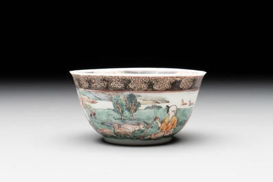 A fine Chinese famille rose 'apple pickers' cup and saucer, Yongzheng