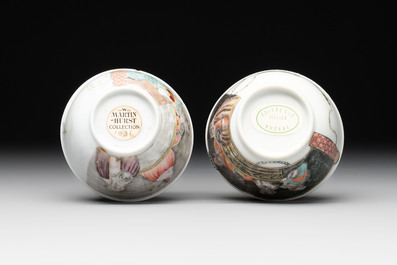 A pair of rare Chinese rose-grisaille cups and saucers after 'Actors of the Com&eacute;die-Fran&ccedil;aise' by Watteau, Yongzheng/Qianlong