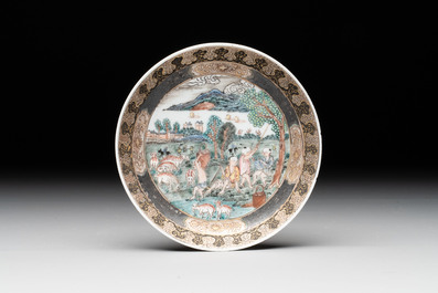 A fine Chinese famille rose 'apple pickers' cup and saucer, Yongzheng