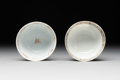 A pair of rare Chinese rose-grisaille cups and saucers after 'Actors of the Com&eacute;die-Fran&ccedil;aise' by Watteau, Yongzheng/Qianlong