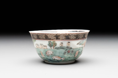 A fine Chinese famille rose 'apple pickers' cup and saucer, Yongzheng
