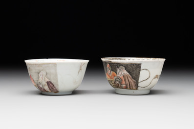 A pair of rare Chinese rose-grisaille cups and saucers after 'Actors of the Com&eacute;die-Fran&ccedil;aise' by Watteau, Yongzheng/Qianlong