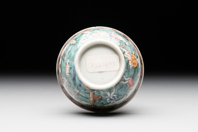 A fine Chinese famille rose 'apple pickers' cup and saucer, Yongzheng