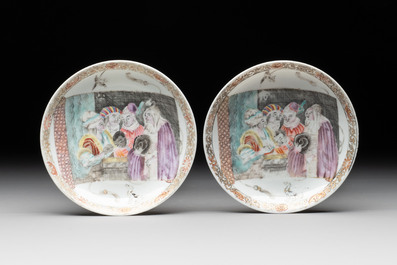 A pair of rare Chinese rose-grisaille cups and saucers after 'Actors of the Com&eacute;die-Fran&ccedil;aise' by Watteau, Yongzheng/Qianlong