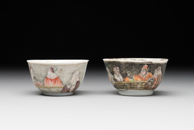 A pair of rare Chinese rose-grisaille cups and saucers after 'Actors of the Com&eacute;die-Fran&ccedil;aise' by Watteau, Yongzheng/Qianlong