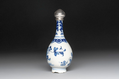 A blue and white Dutch Delft vase with silver cover, 18th C.