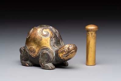 An extremely rare and fine Chinese gilt-bronze tortoise-form water dropper and cover, Song