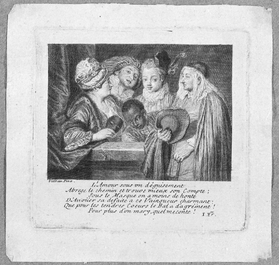 A pair of rare Chinese rose-grisaille cups and saucers after 'Actors of the Com&eacute;die-Fran&ccedil;aise' by Watteau, Yongzheng/Qianlong