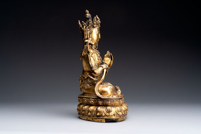 An extremely rare and fine Chinese gilt-bronze Buddha, inscribed 大明正統己未金川比丘昌靜捐資命工造, Zhengtong mark and of the period, dated 1439