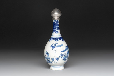 A blue and white Dutch Delft vase with silver cover, 18th C.