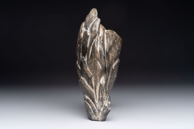 A Chinese Lingbi stone scholar's rock on wooden stand, Yun Tai 雲台 mark, 19/20th C.