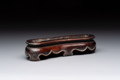A Chinese Lingbi stone scholar's rock on wooden stand, Yun Tai 雲台 mark, 19/20th C.