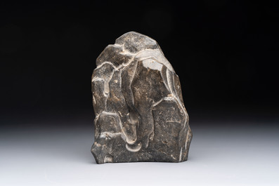 A Chinese Lingbi stone scholar's rock on wooden stand, Yun Tai 雲台 mark, 19/20th C.