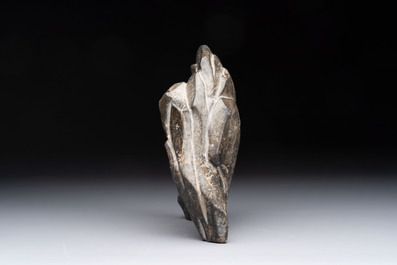 A Chinese Lingbi stone scholar's rock on wooden stand, Yun Tai 雲台 mark, 19/20th C.