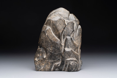 A Chinese Lingbi stone scholar's rock on wooden stand, Yun Tai 雲台 mark, 19/20th C.