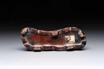 A Chinese Lingbi stone scholar's rock on wooden stand, Yun Tai 雲台 mark, 19/20th C.