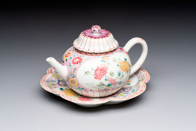 A Chinese famille rose moulded teapot and stand with floral design, Yongzheng/Qianlong