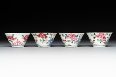 Seven Chinese famille rose cups and saucers, Yongzheng/Qianlong