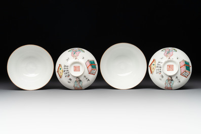 A pair of Chinese famille rose 'Wu Shuang Pu' covered cups and saucers, Tongzhi mark, 19/20th C.